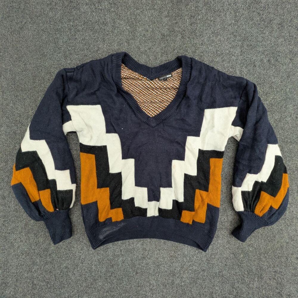 Fashion Nova Sweater Womens S Navy Blue Colorblock Zigzag V Neck Puff Sleeve Top